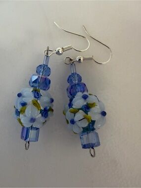 Handmade Blue Floral Lampwork Glass Drop Earrings